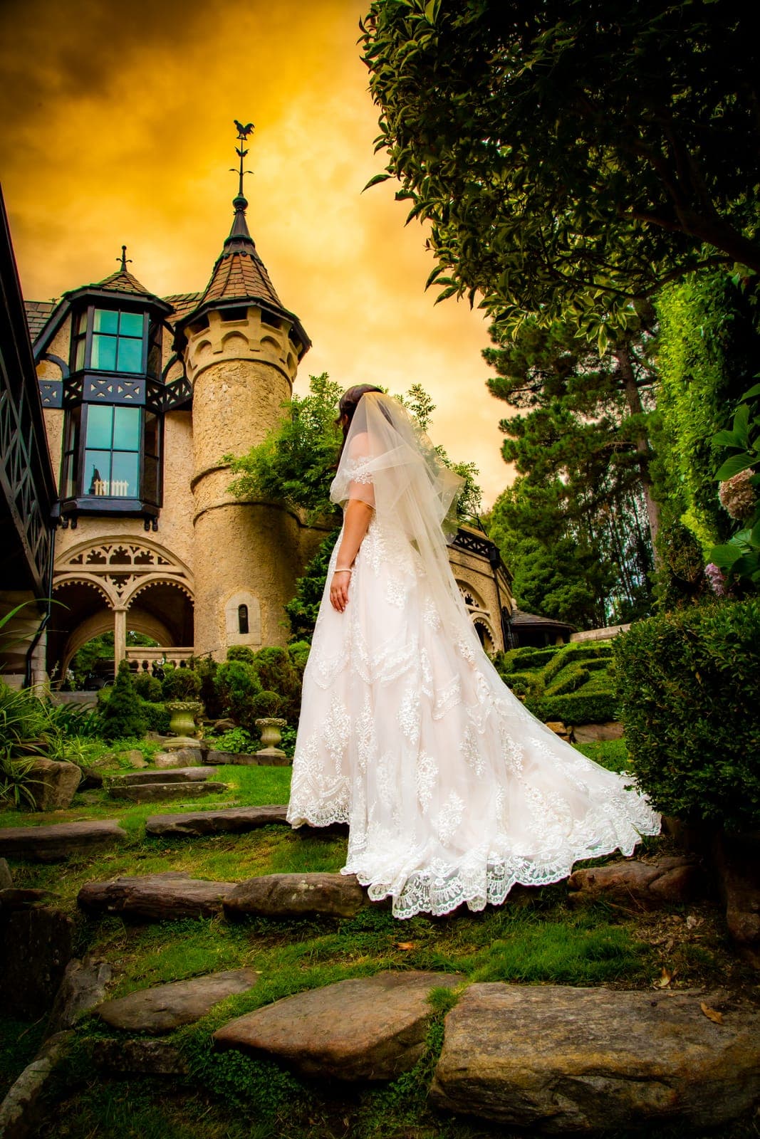 Bride at a castle at golden hour, Adelaide wedding photography